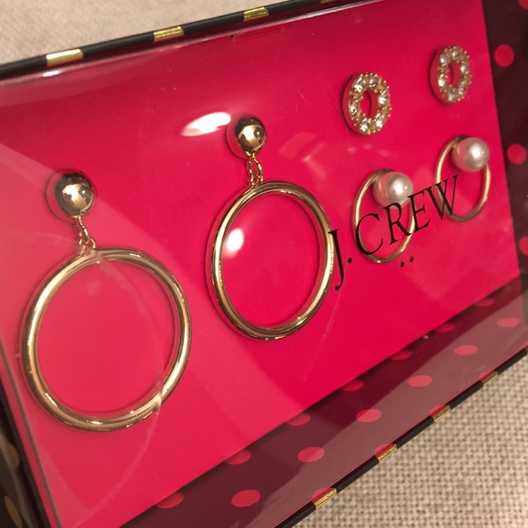 J. Crew Boxed Set Gold Dangle Hoops Crystal Circle - Picture 7 of 8